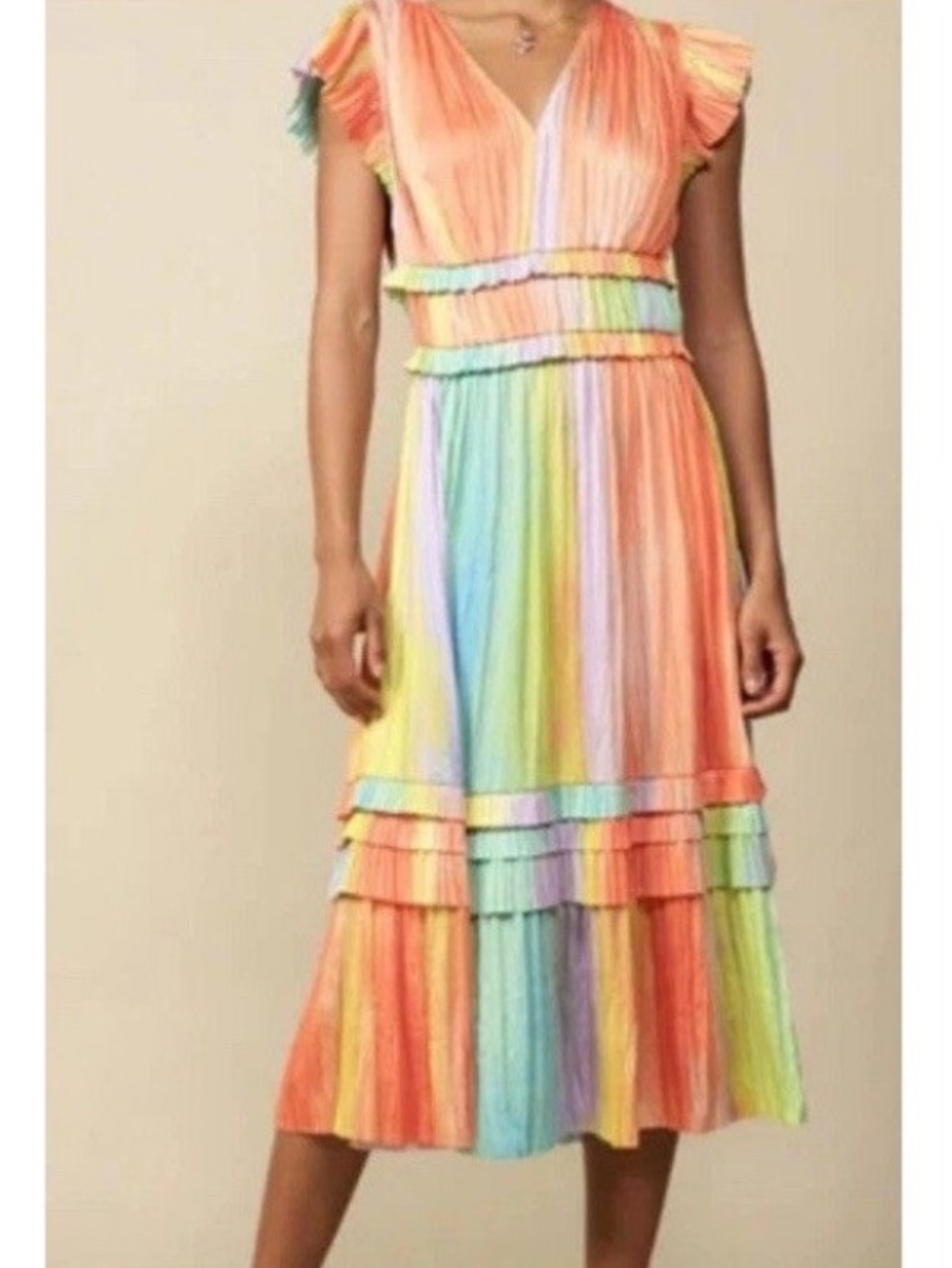 Anthropologie Current Air Sereia Dress Medium Pleated Ruffle Maxi Rainbow V-neck